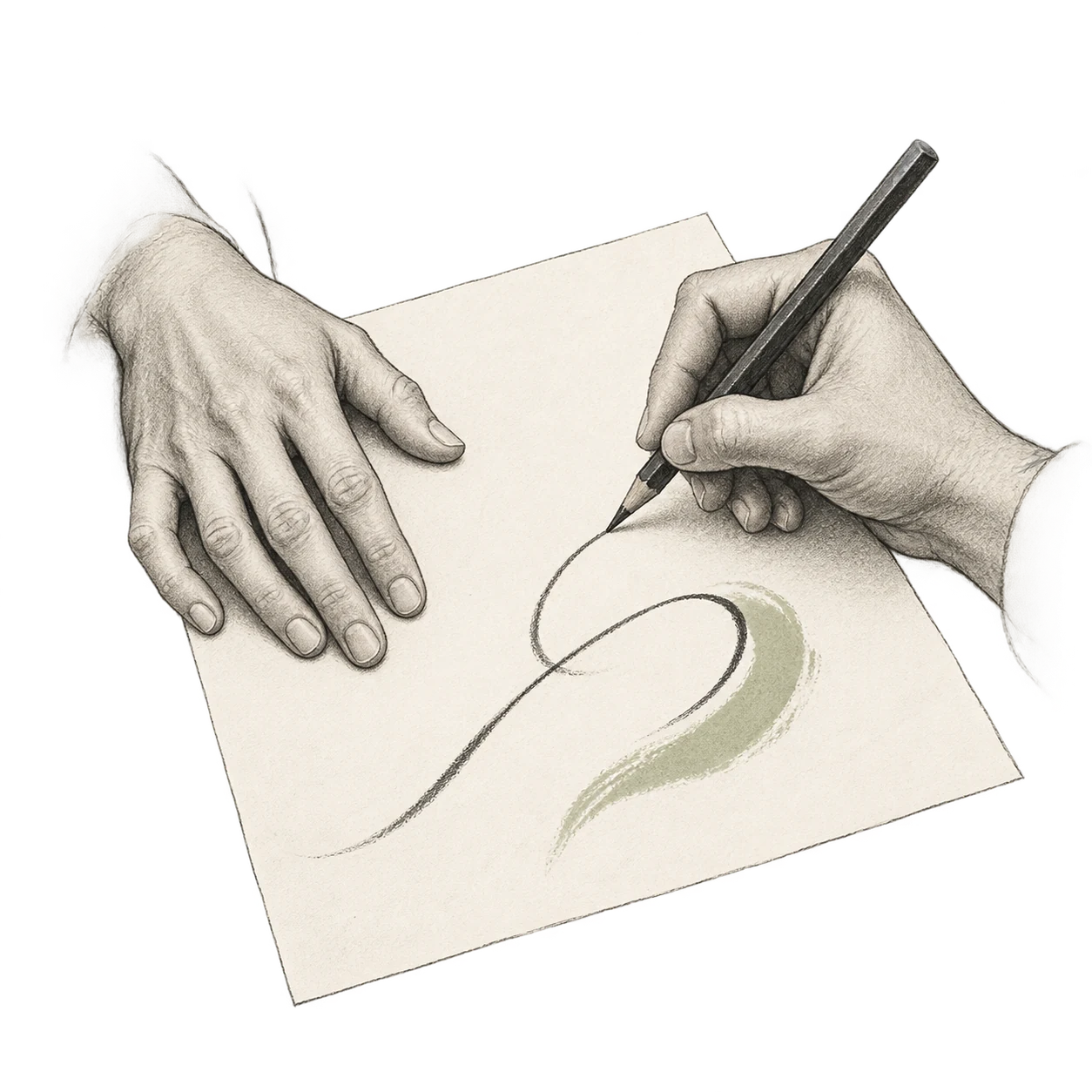 One hand steadies a sheet of paper while the other draws an expressive line with a pencil.