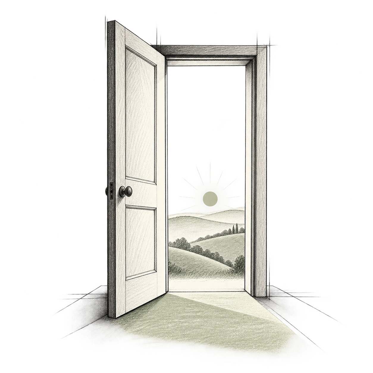 An open door casts a path of light toward a quiet green landscape.